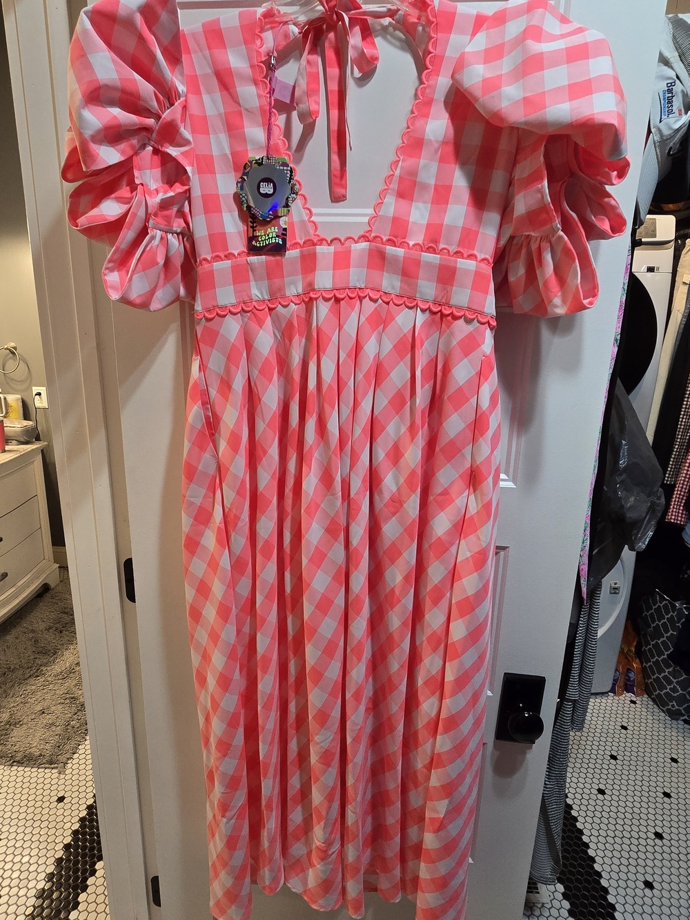 CeliaB Pink and White Gingham Maxi Dress with Puff Sleeves XL